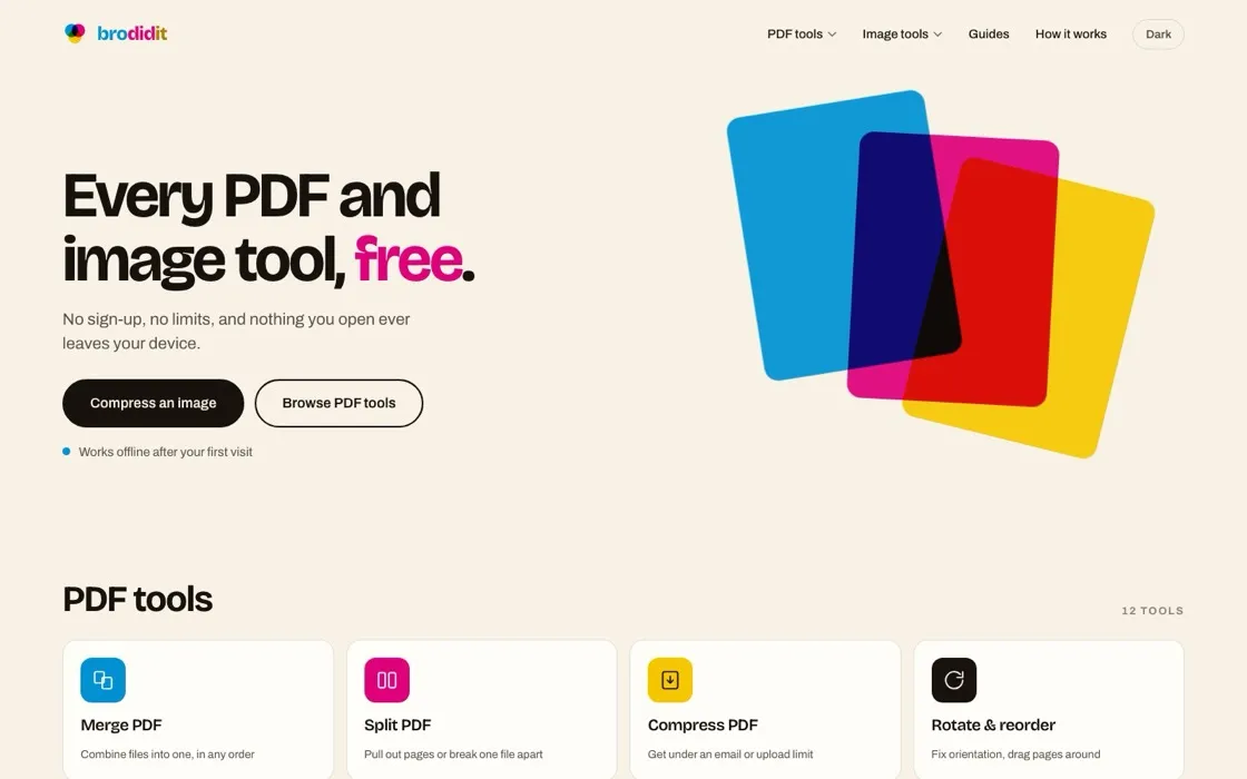 The Brodidit home page showing its free PDF and image tools