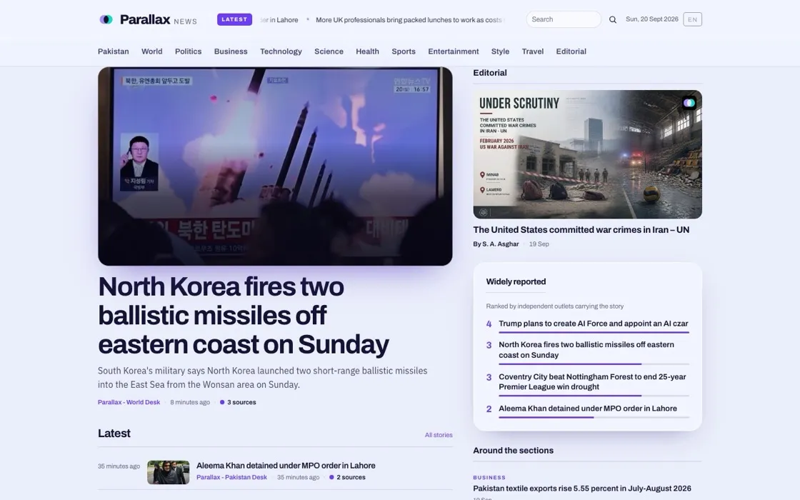 The Parallax News front page showing a lead story and section navigation