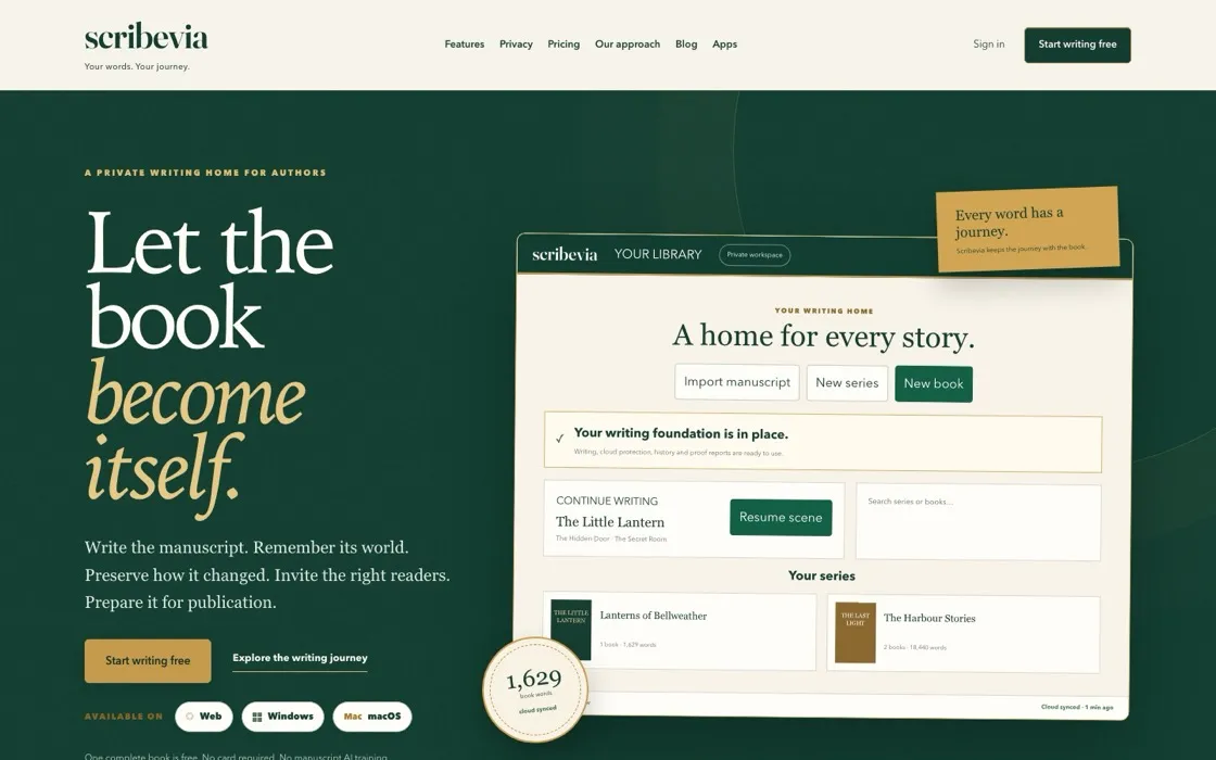 The Scribevia home page, a private writing workspace for authors